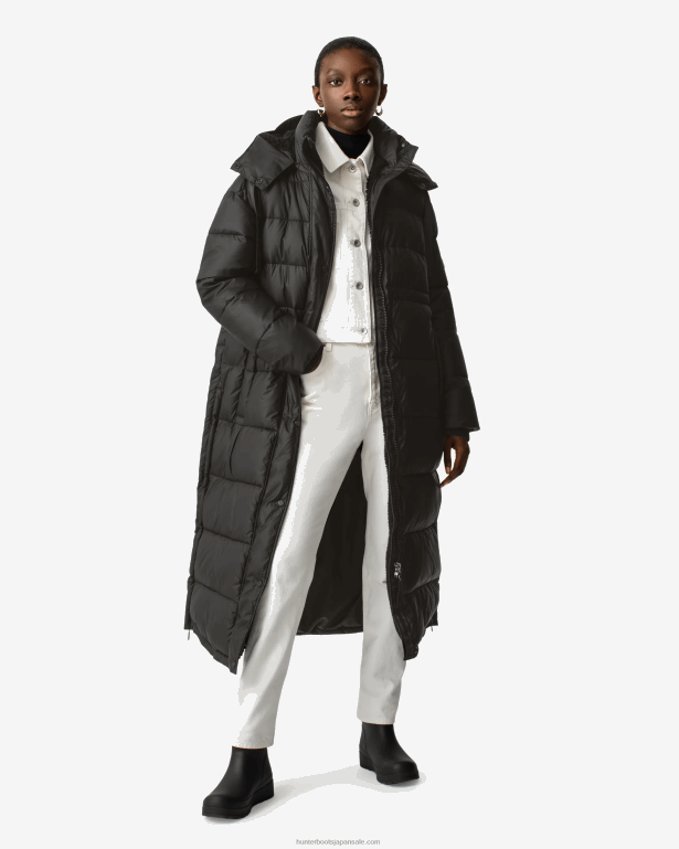 女性 Hunter ロゴブラック イントレピッド インサレーテッド ウェビング ロング パファー コート 8460V367