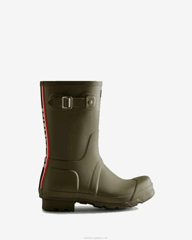 男性 Hunter 緑色の苔 トリコロールロゴ バックストラップ ショートレインブーツ 8460V559