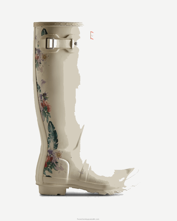 女性 Hunter 影付きの白 ボタニカルプリント トールレインブーツ 8460V73